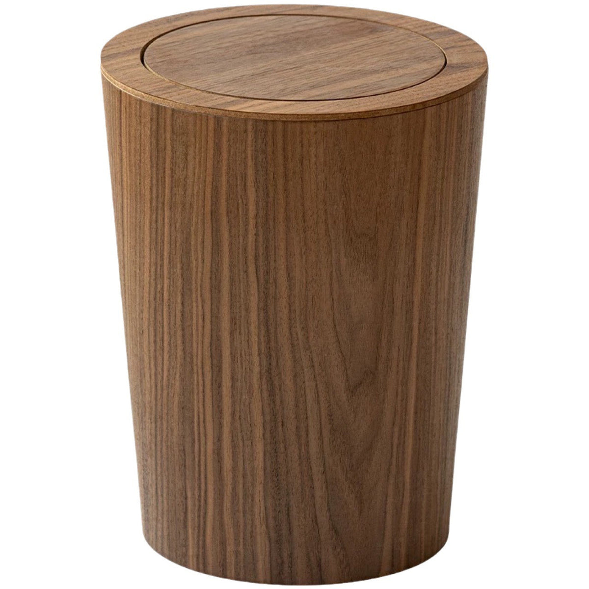 Walnut japandi decor bin with closed swing lid on white