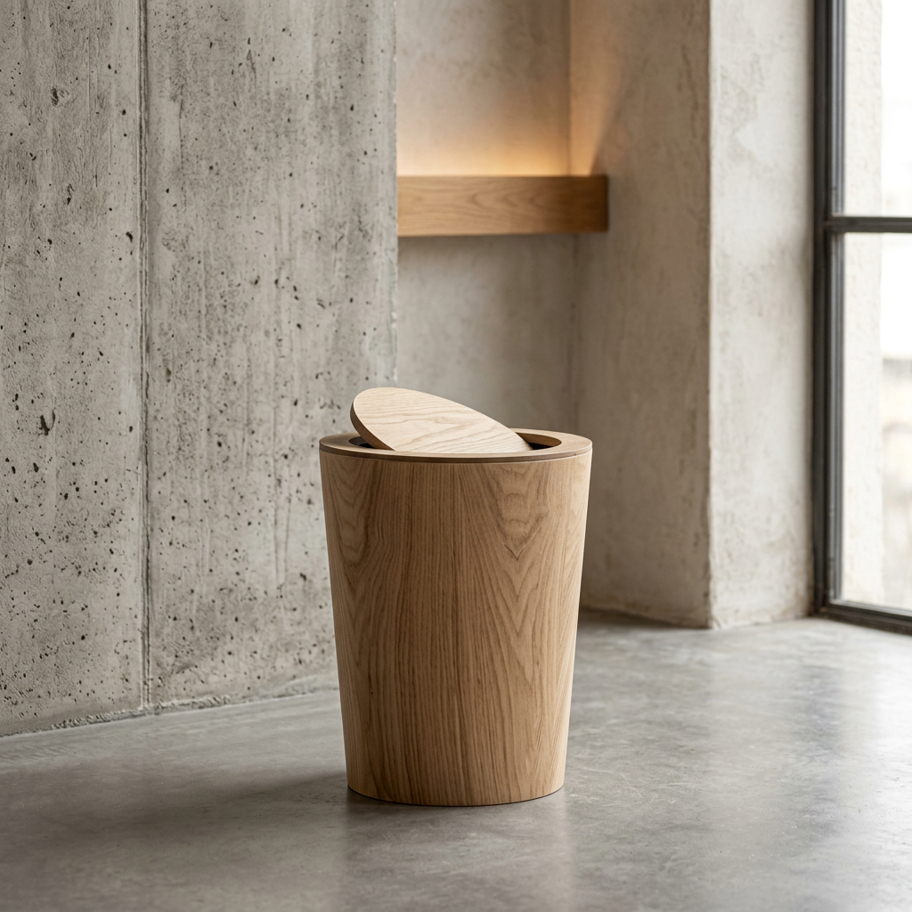 Natural wood grain trash can with swing lid on concrete floor