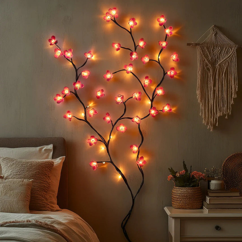 Pink faux blossom wall light glowing beside a bed and macrame