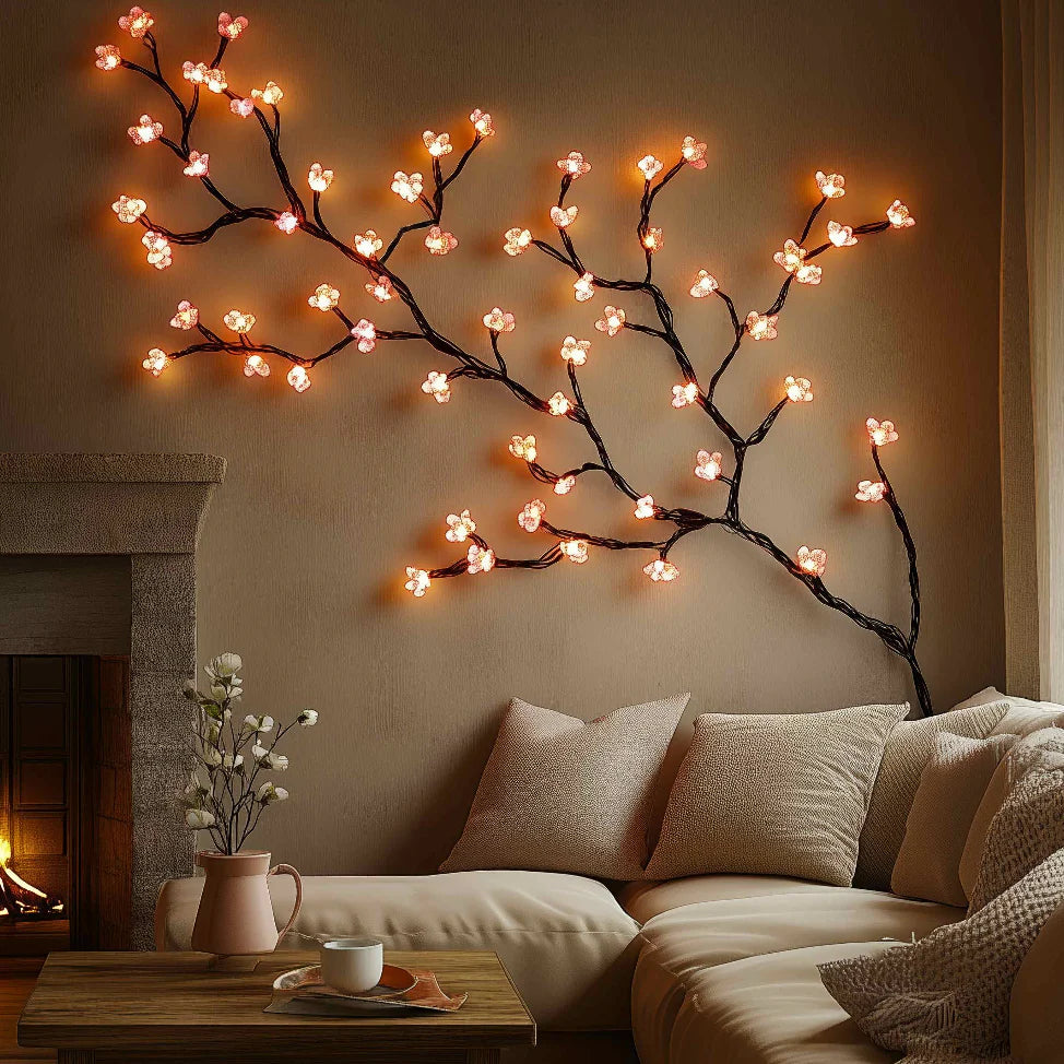 Cherry blossom LED wall lights glowing above a cozy living room sofa
