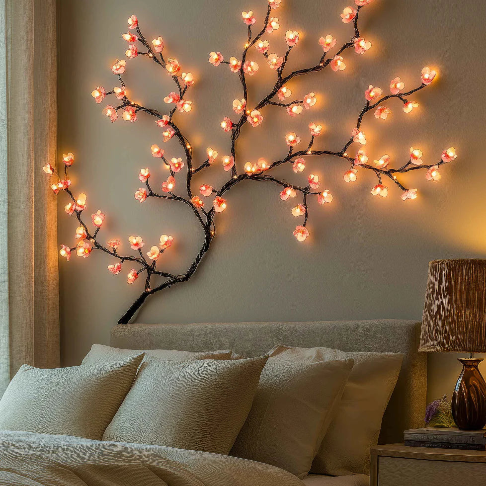Faux cherry blossom wall lamp glowing above a linen bed