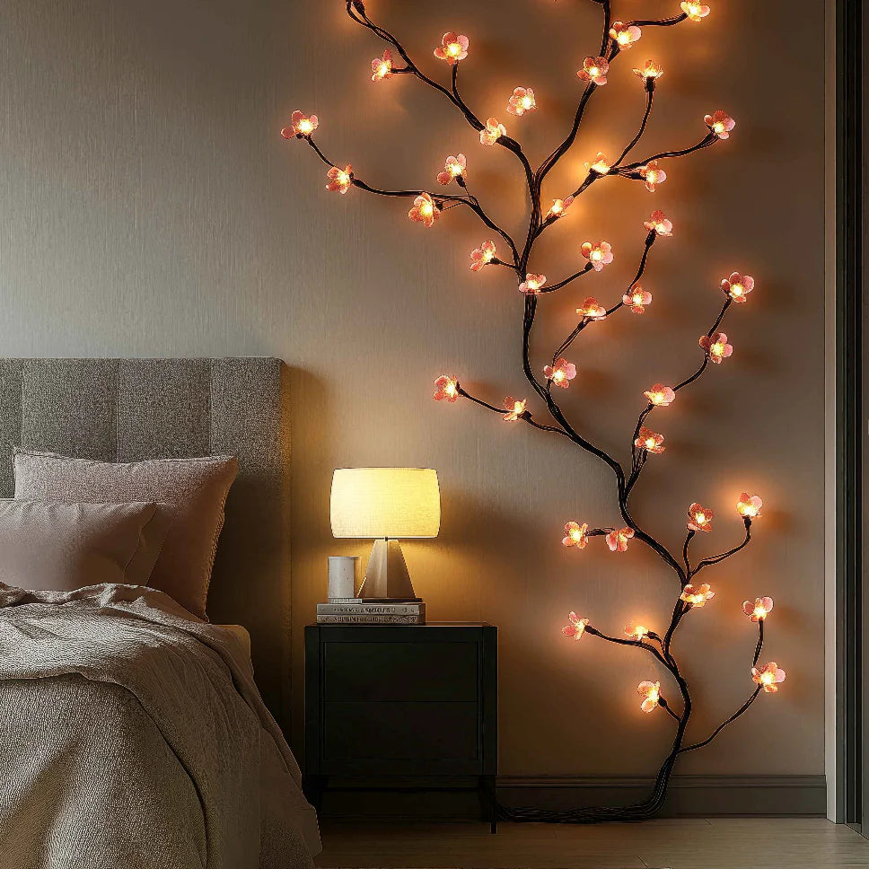 Cherry blossom wall lights for bedroom climbing beside a nightstand