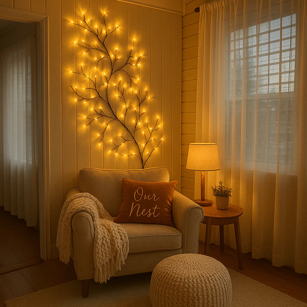 Willow LED wall lights with warm glow on a plain wall
