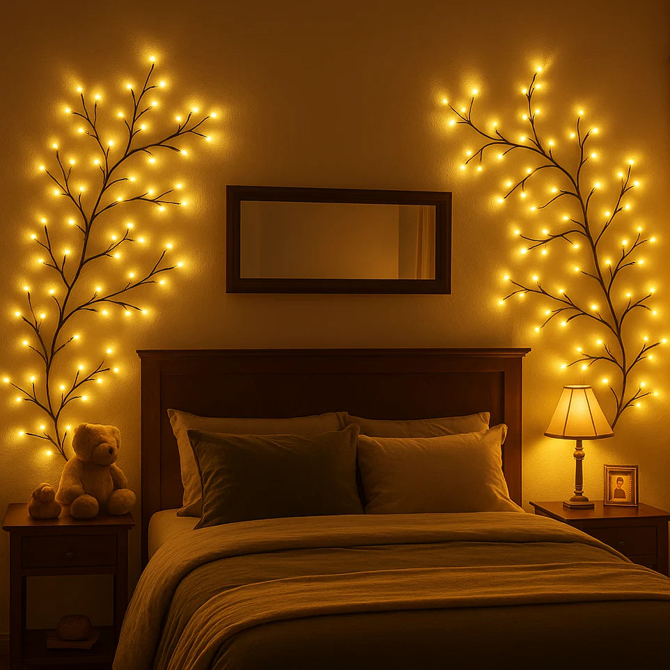 Willow branch wall lights adding warm light to a cozy room