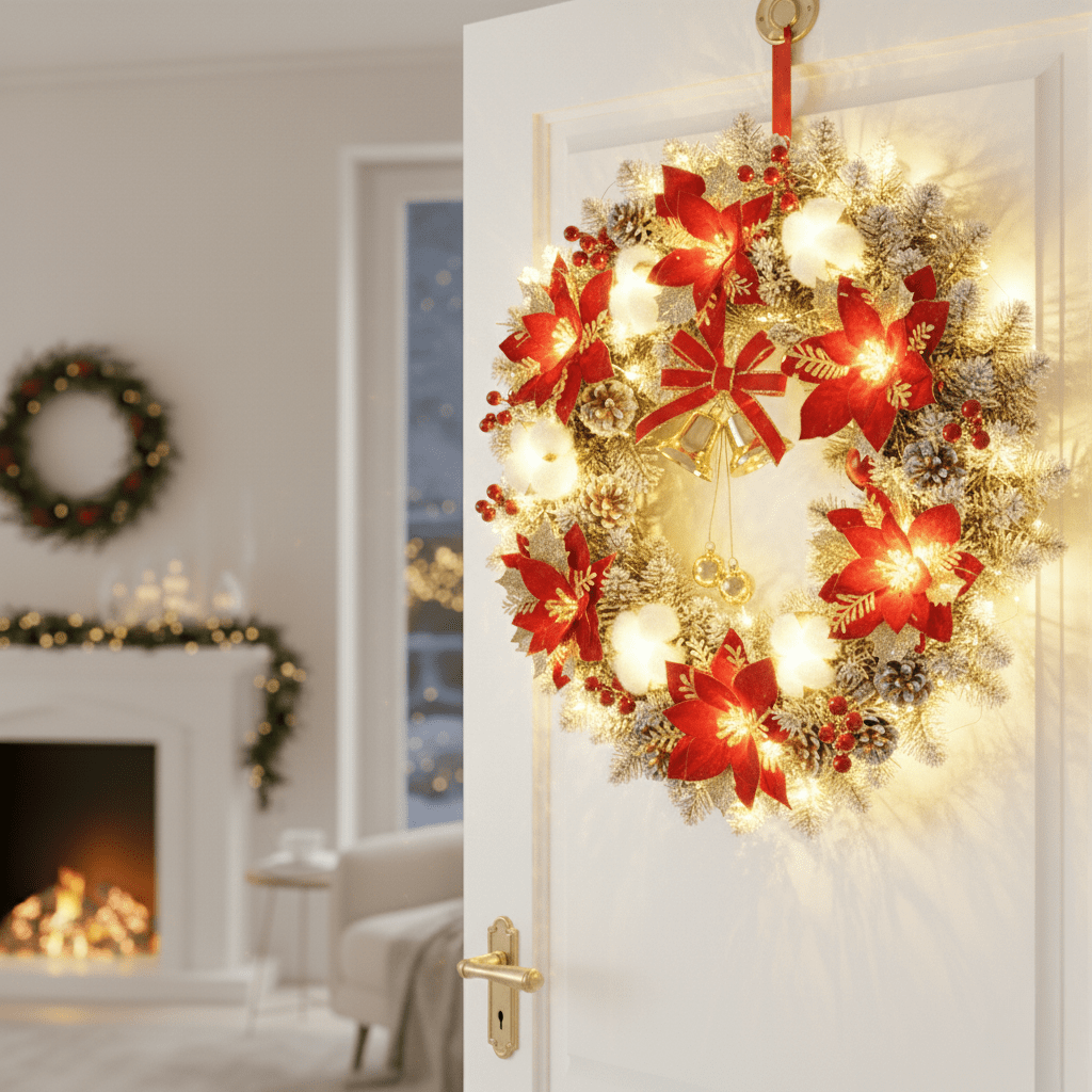 LED Christmas wreath with red poinsettias glowing on a white door