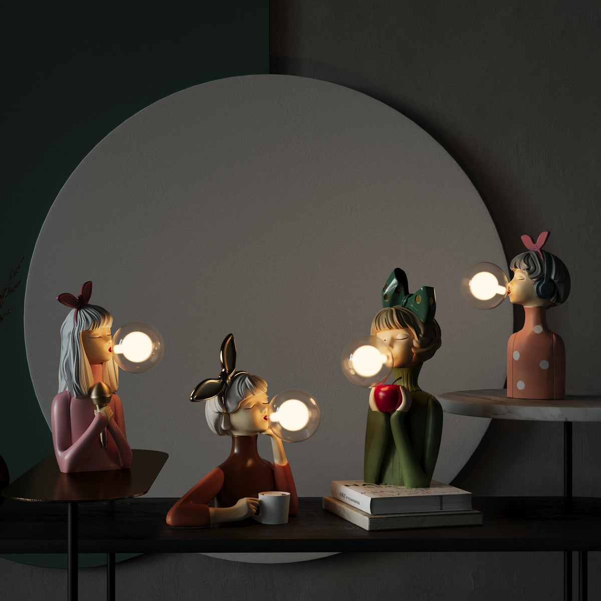 Mini table lamp collection on a dark console table
