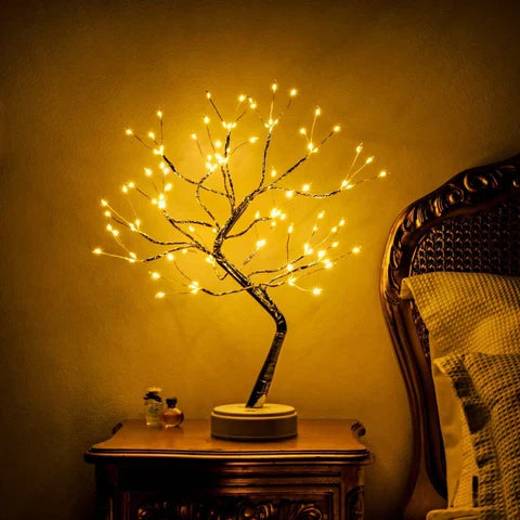 LED lights for bedroom on a wooden nightstand beside a bed