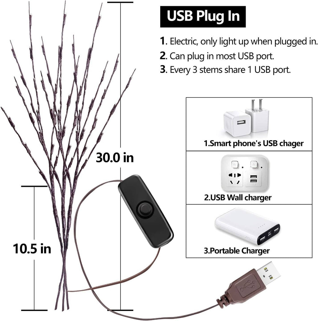 USB LED light branches showing 30 inch height and switch