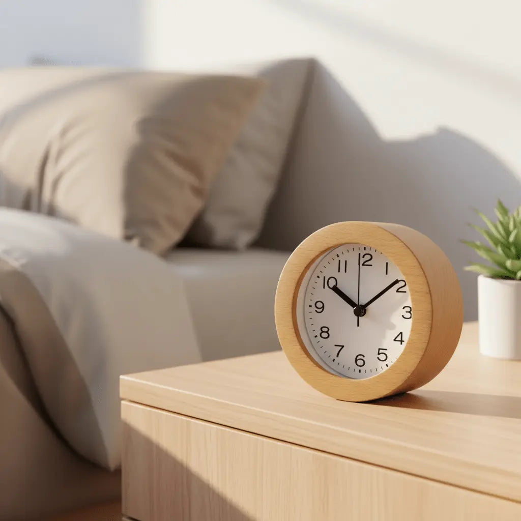 Silent wooden alarm clock on a light wood nightstand by a sofa