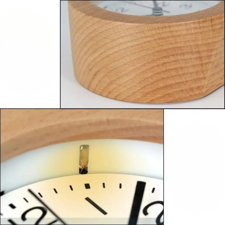Beech wood alarm clock with white dial and black hands