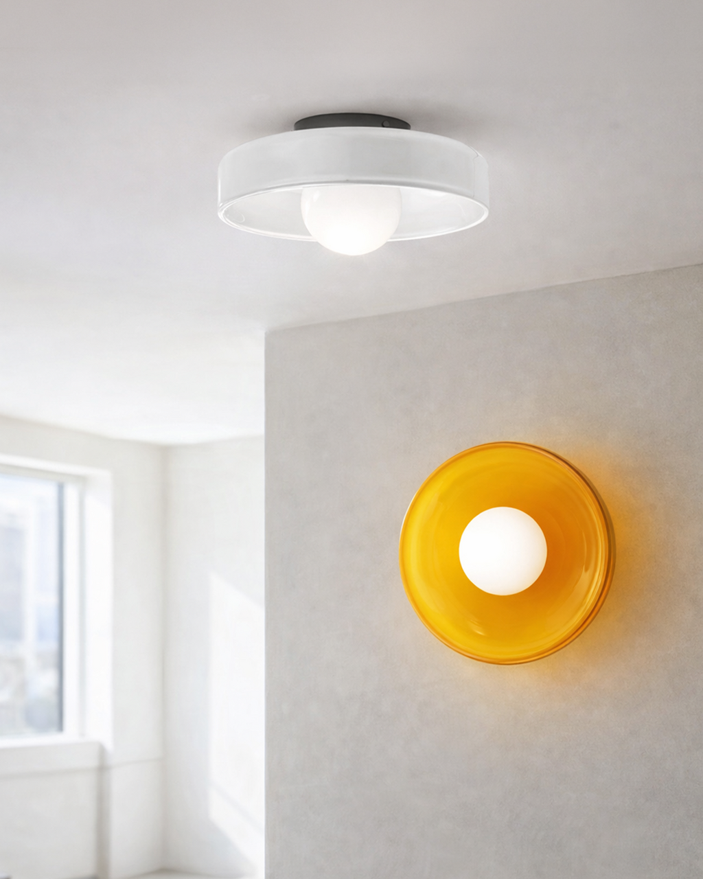 White glass ceiling light and orange wall light fixture in bright room