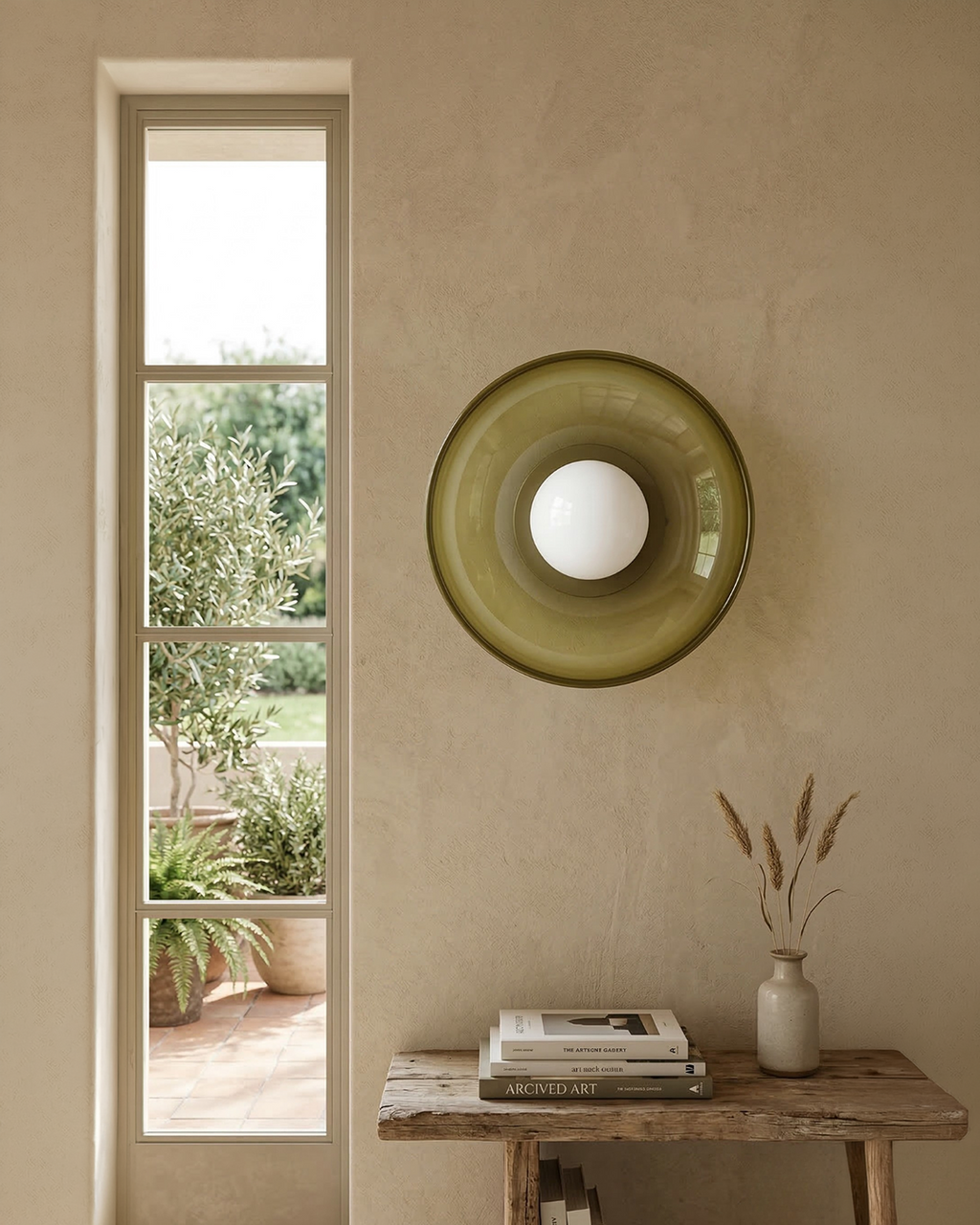 Tawny olive glass wall light, a unique wall light above bench