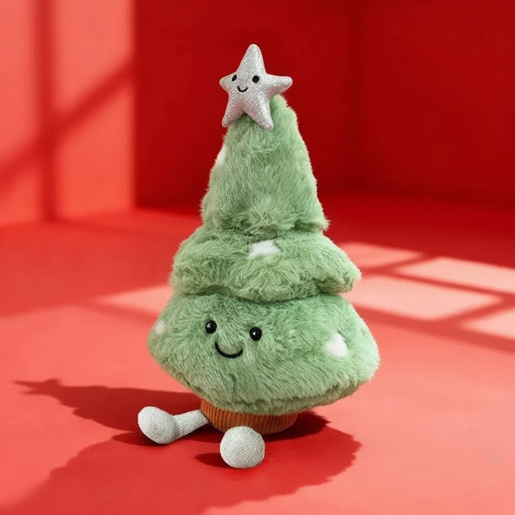 Small christmas tree plush with smiling face in a red room