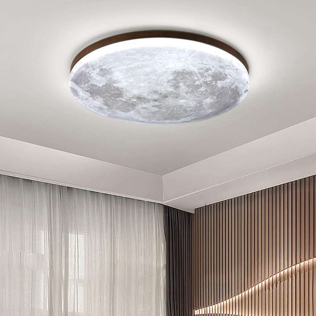 Dark wood moon flush mount ceiling light glowing cool white