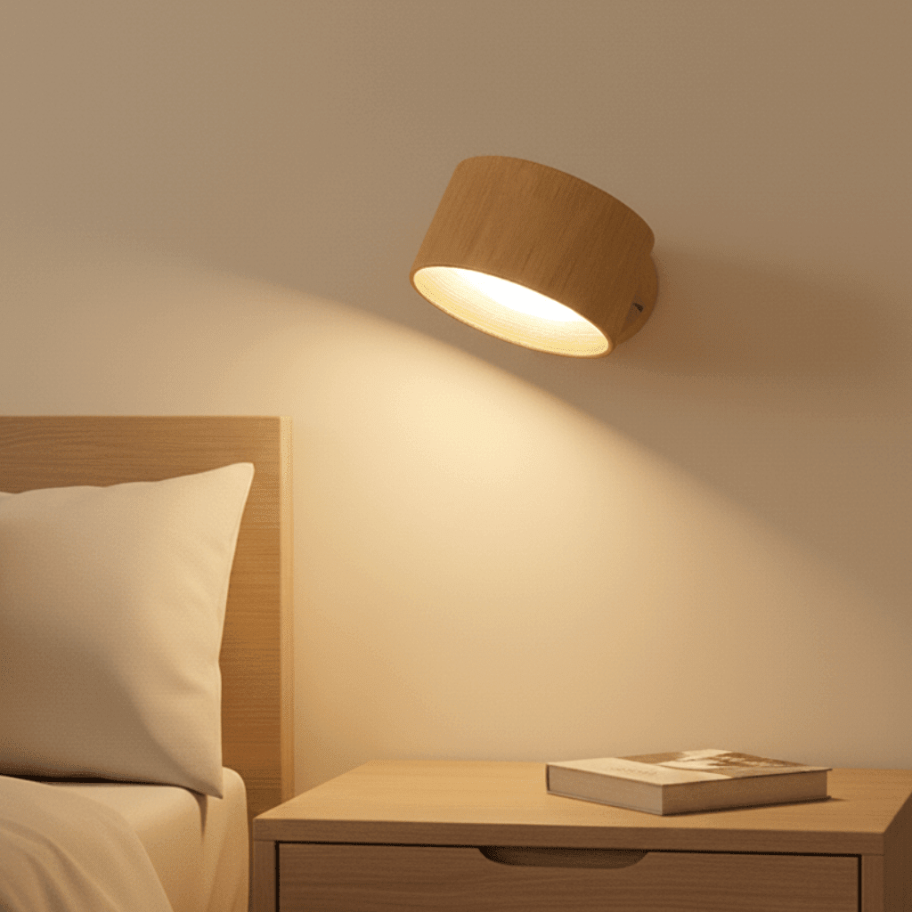 Natural Oak LED wall light glowing above a bedside table