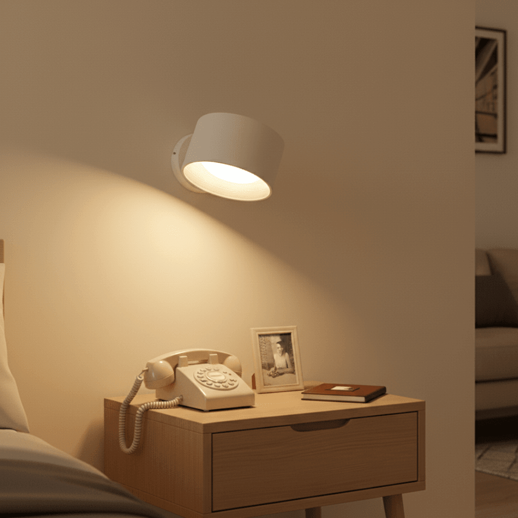 White LED wall light casting warm glow over a nightstand