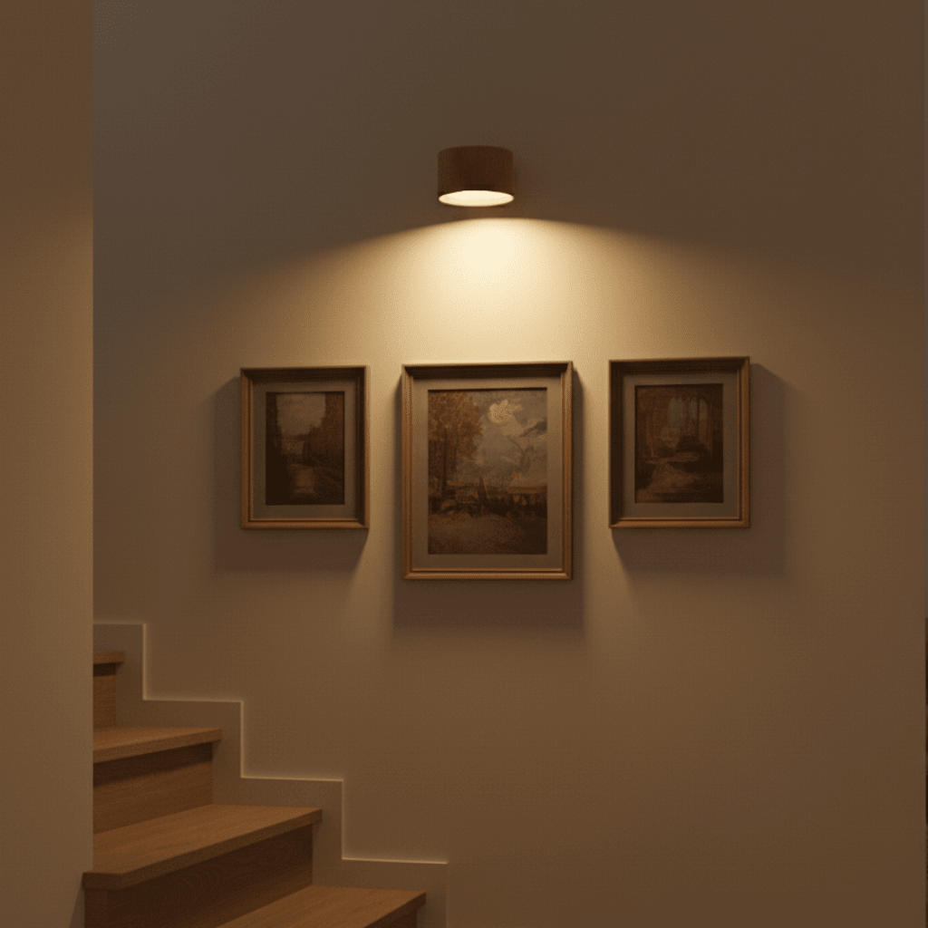 Cordless wall lamp lighting a gallery wall beside the stairs