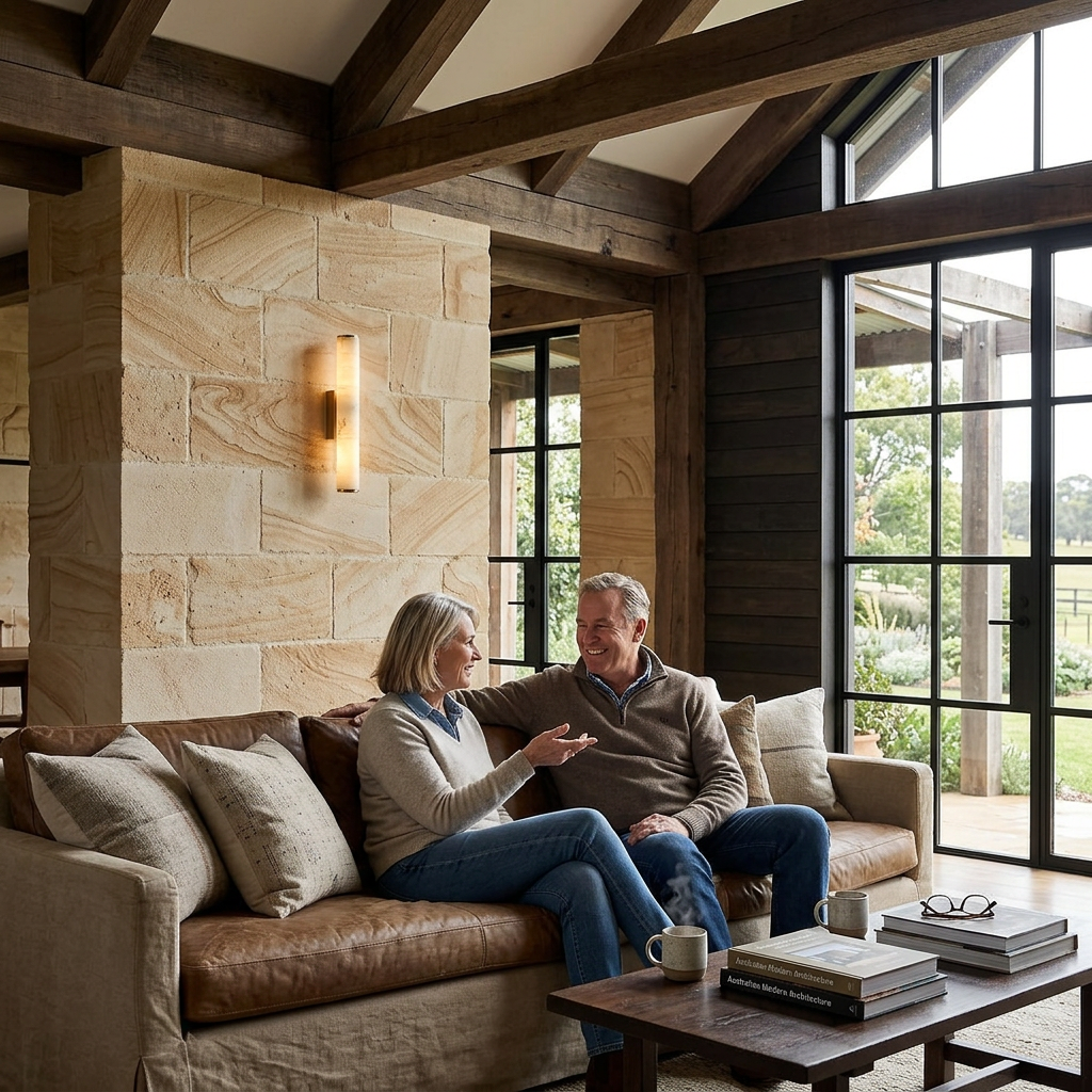 Warm glowing sconce on a sandstone wall above a living room sofa