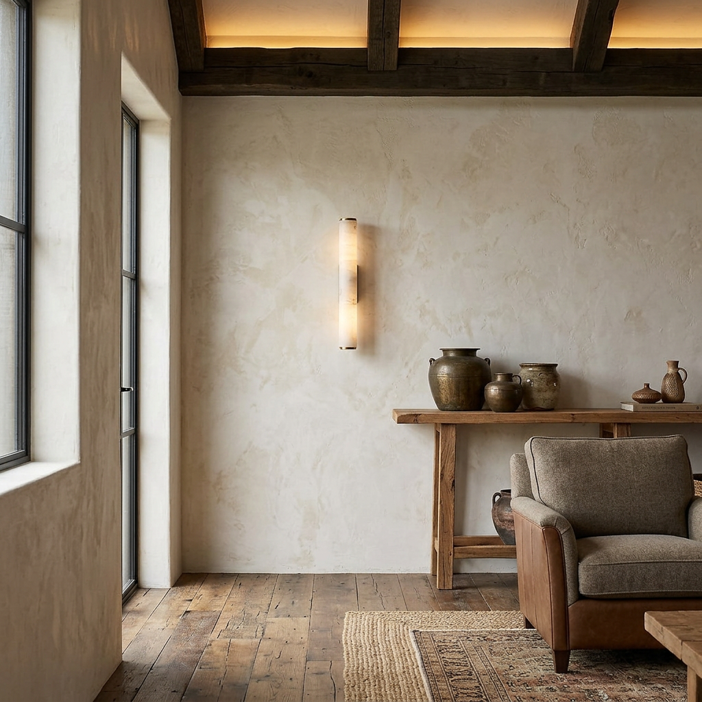Contemporary wall sconces style light above a rustic console table