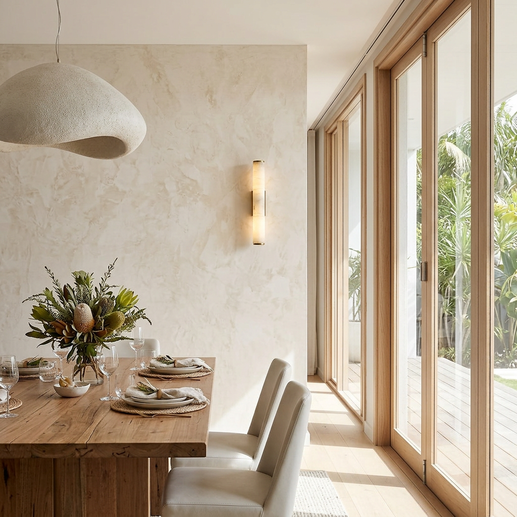Warm white wall sconce on a plaster wall beside a dining table