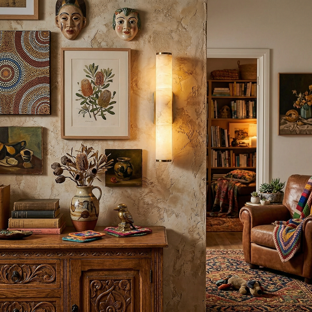 Gold wall sconce glowing beside a gallery wall of framed art