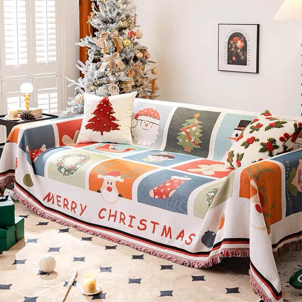 Christmas sofa cover with Merry Christmas patchwork design and fringe