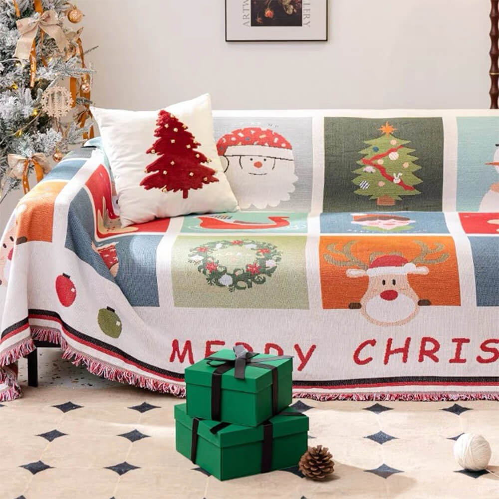 Patchwork holiday sofa cover with reindeer, wreath and Christmas tree