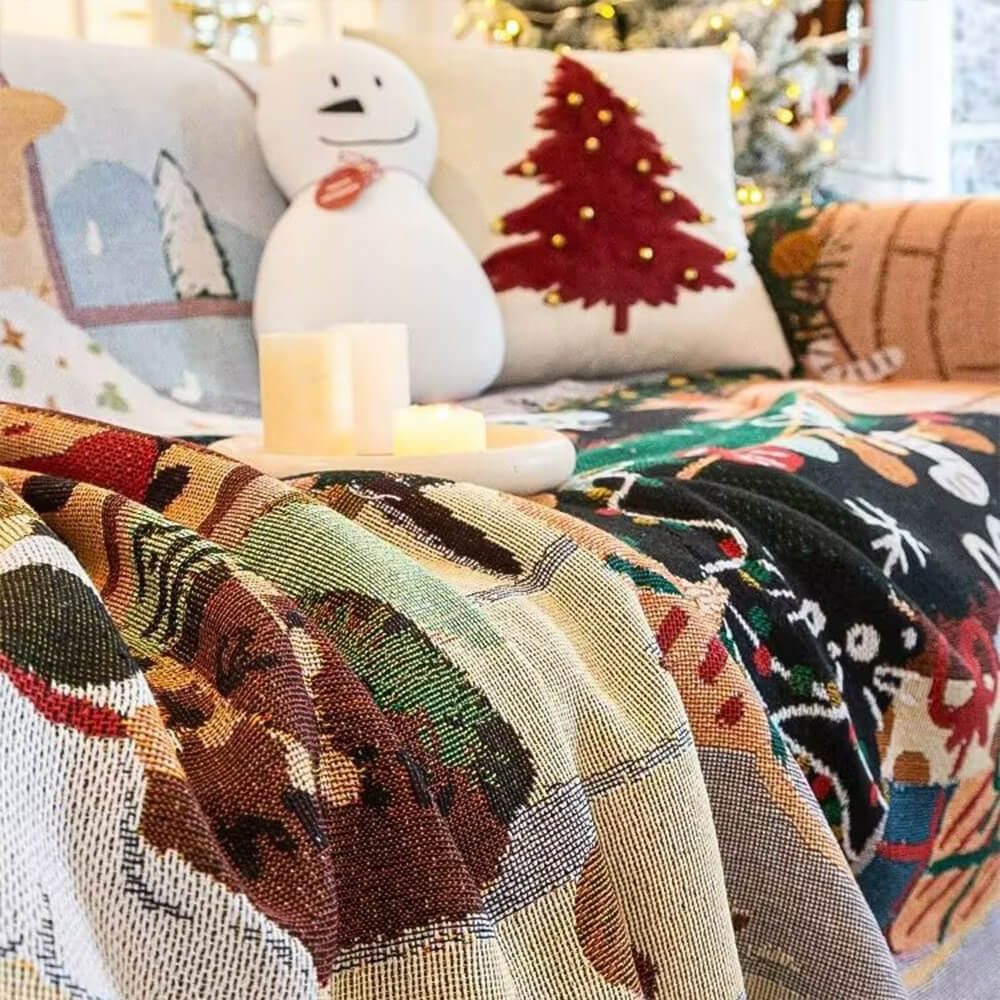 Close-up of jacquard knit texture on festive couch throw