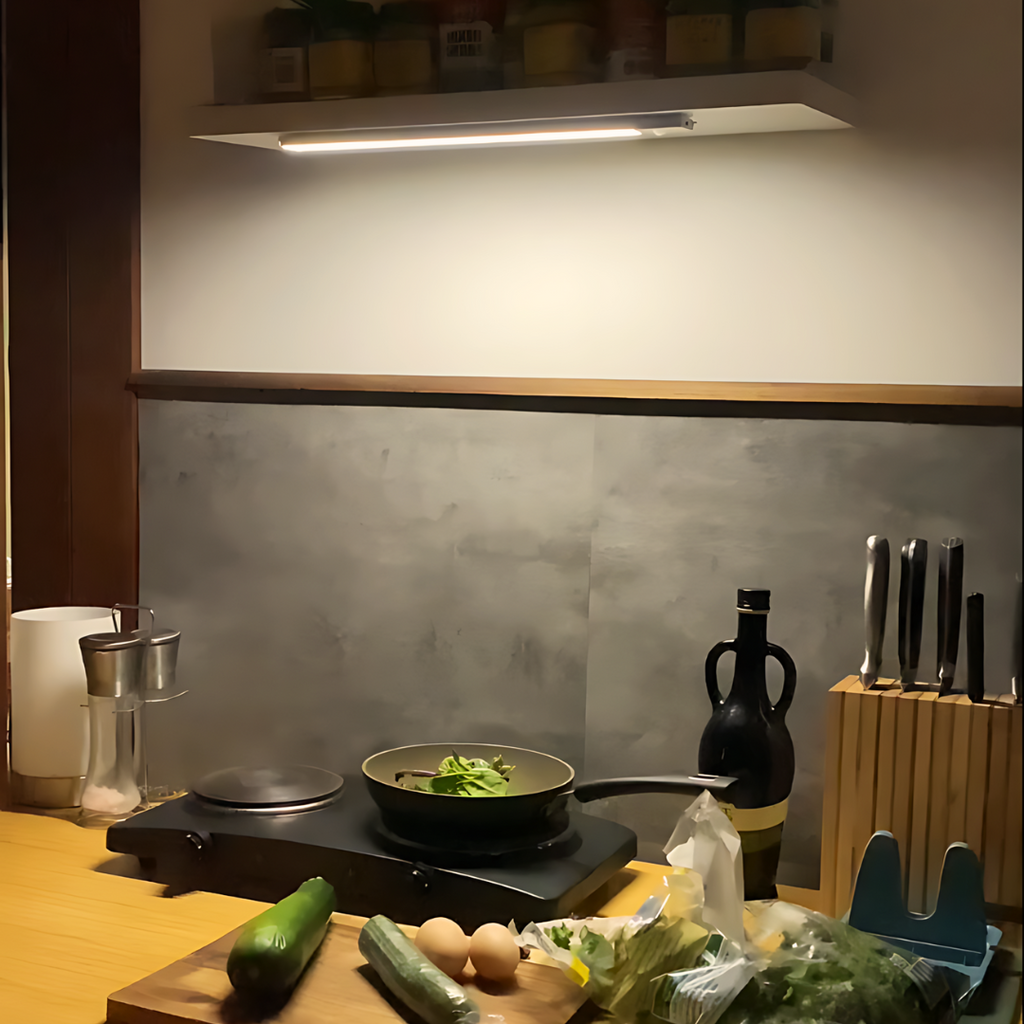 LED bar light mounted under a kitchen wall shelf