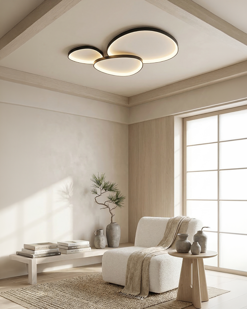 Black three-pebble flush mount light over a calm reading corner
