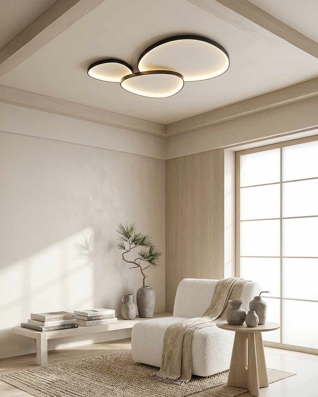 Black three-pebble flush mount light over a calm reading corner