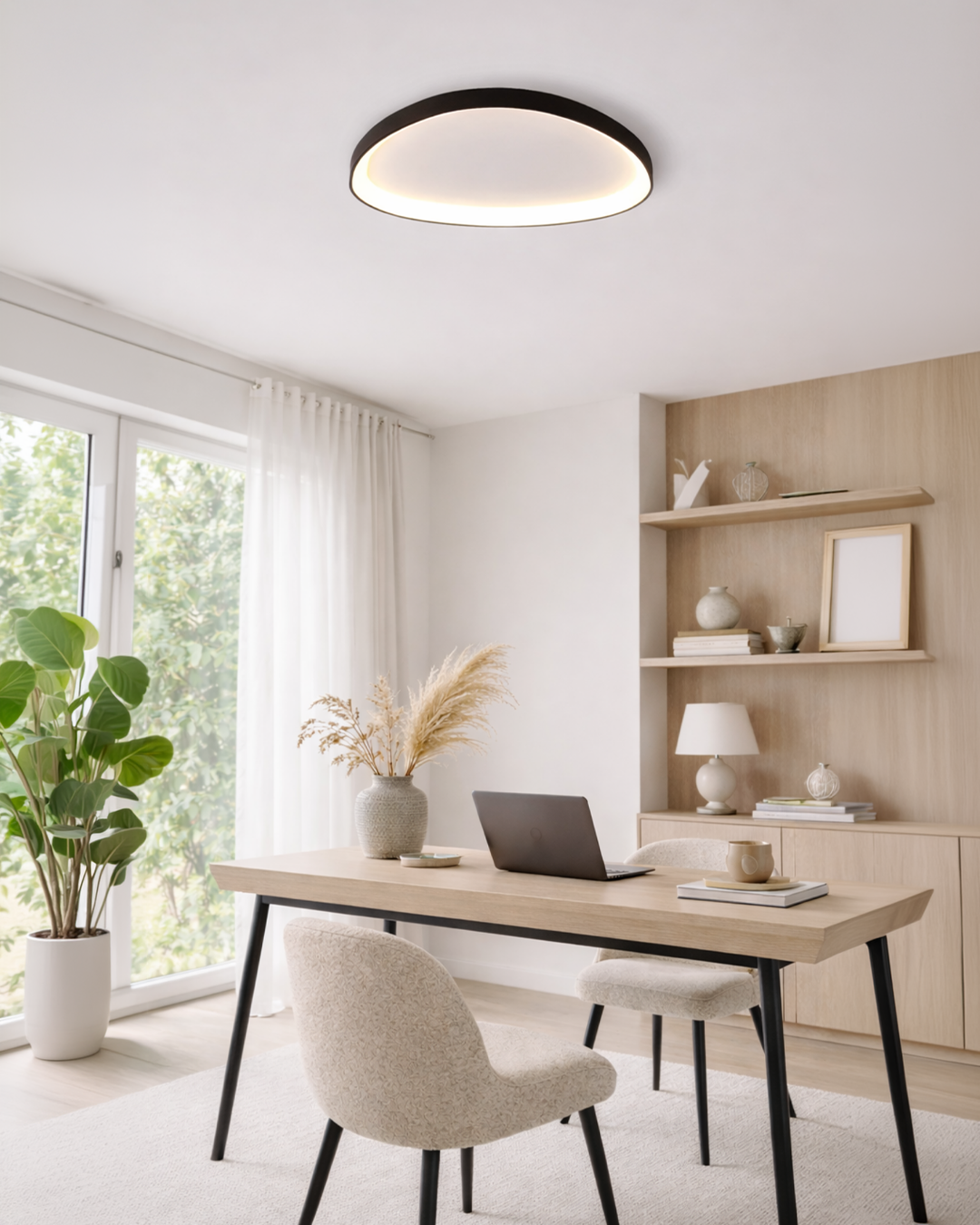 Black single pebble ceiling light above a light wood home office