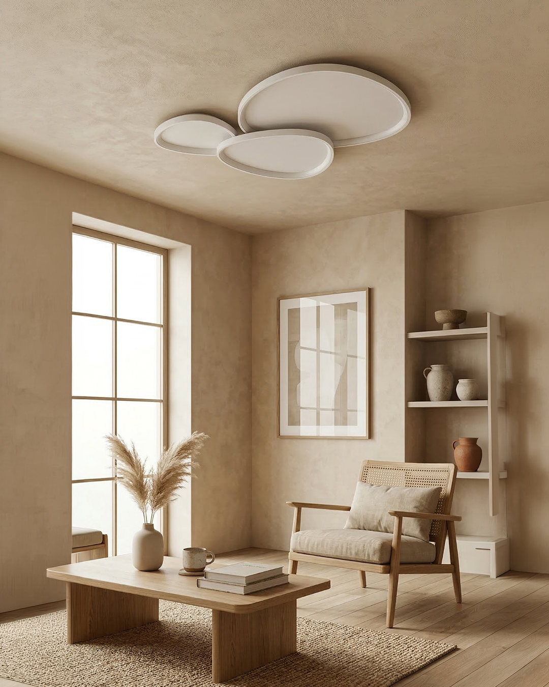 White pebble-shaped ceiling fixture in a warm neutral living room