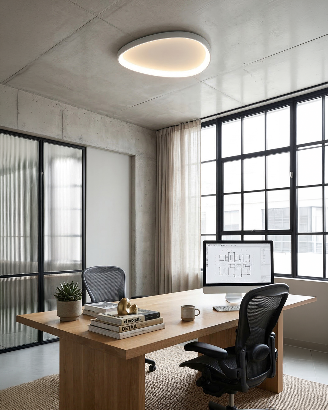 White low-profile ceiling light in a bright, airy room