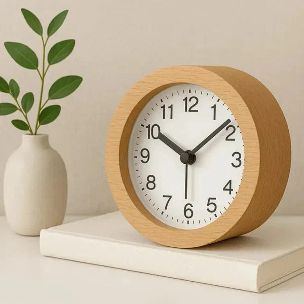 Analog beech alarm clock resting on a book beside a vase