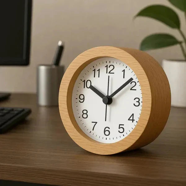 Beech wood alarm clock on a home office desk