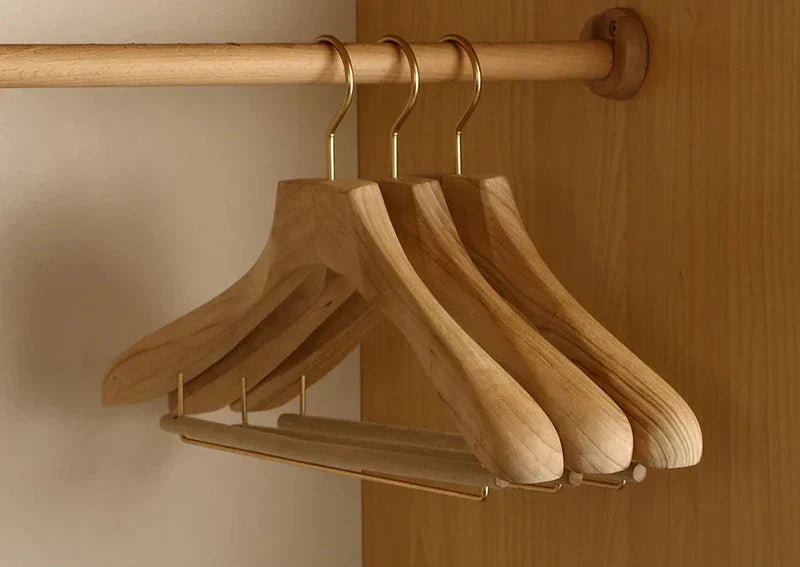 Camphor wood suit hangers with flocked trouser rods