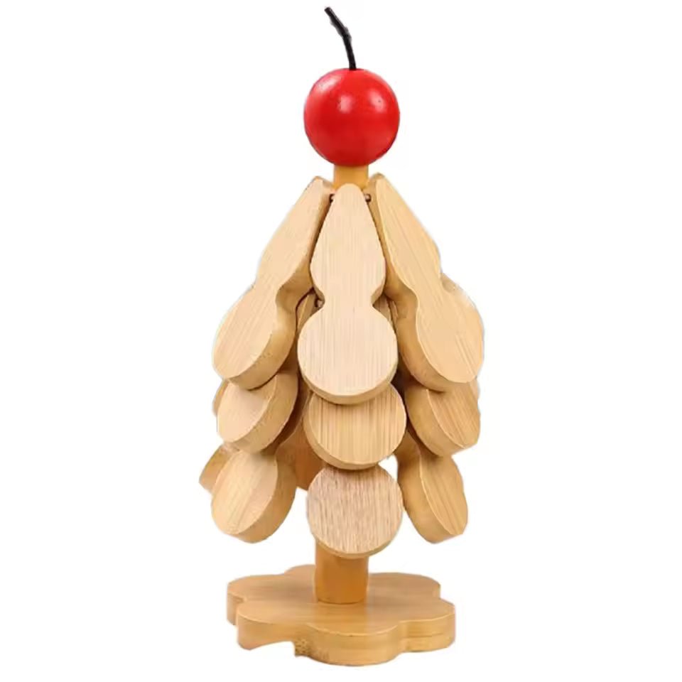 Natural wood foldable Christmas tree trivet with red bead