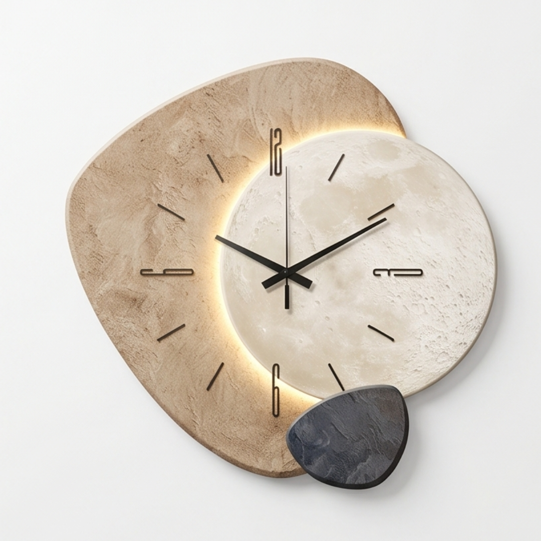 Moon wall clock with warm backlight and stone-texture frame