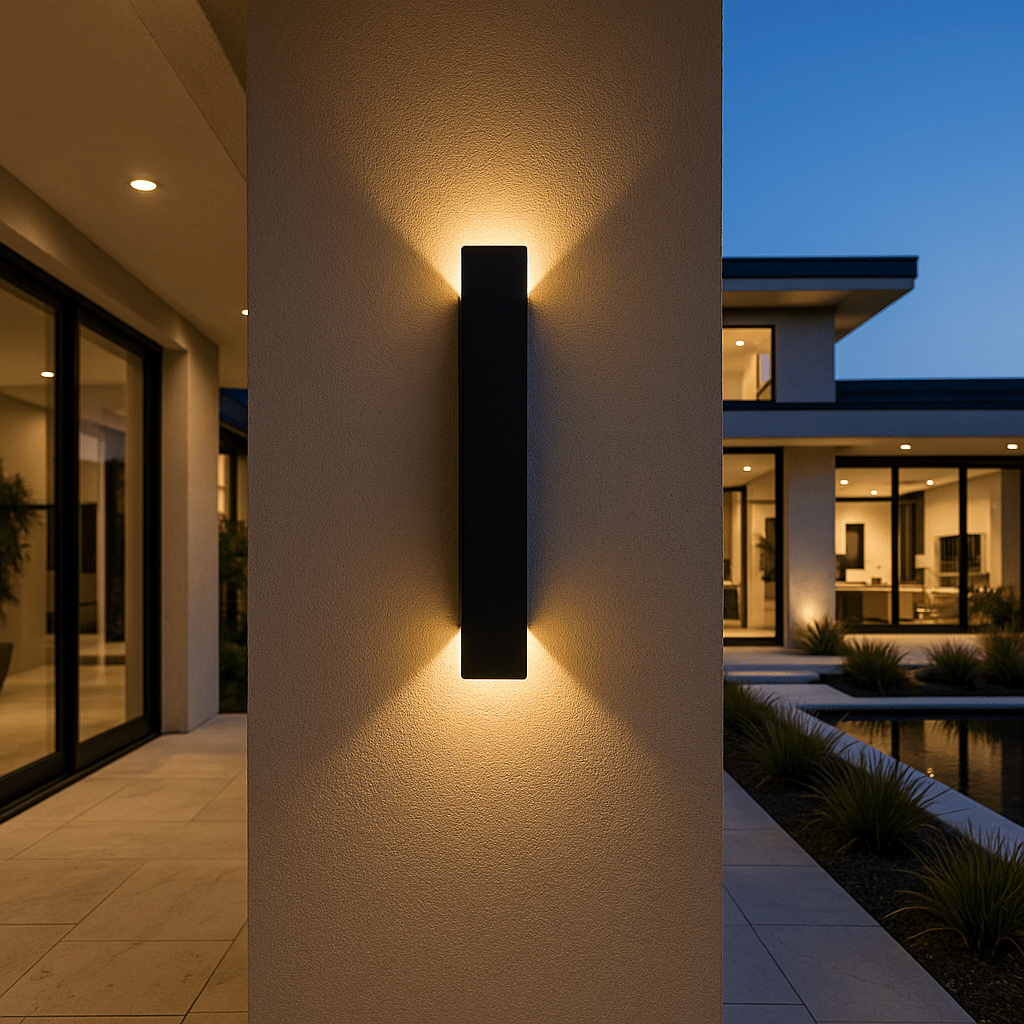 Black LED wall light on a textured wall with warm light