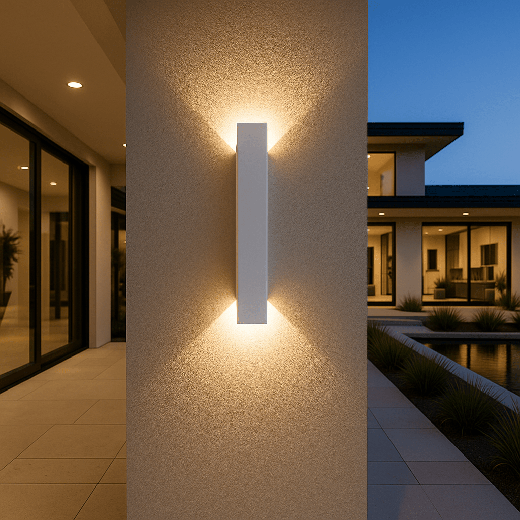White LED wall light casting a warm up-and-down glow at dusk