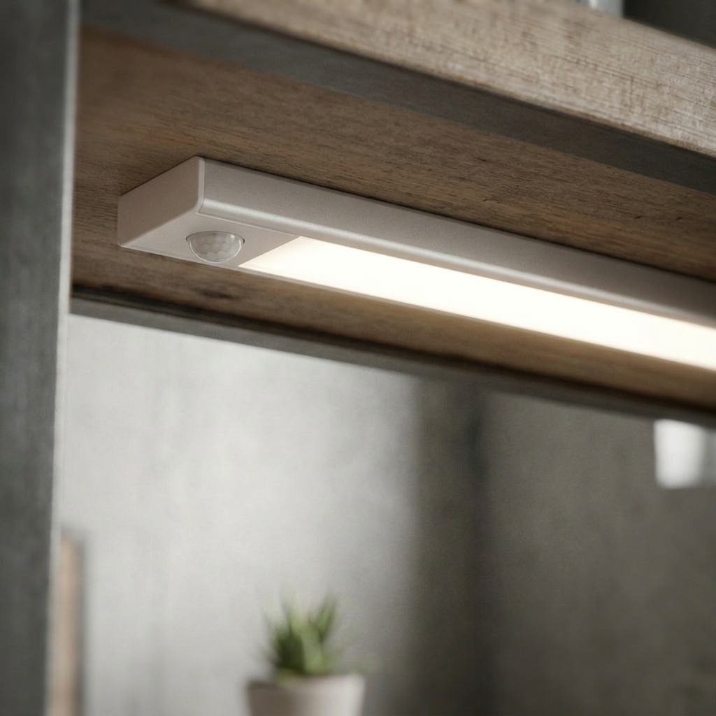 Close-up of slim light bar glowing beneath a rustic shelf