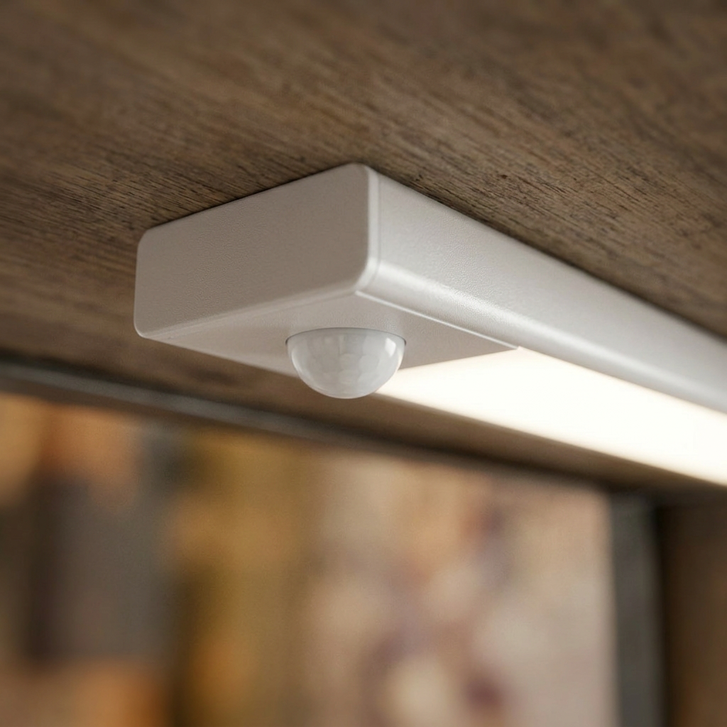 Motion sensor end of a silver wireless light bar