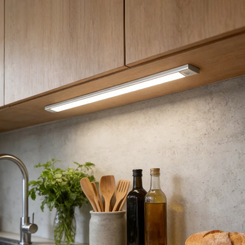 Under counter LED lights for kitchen above a stone backsplash