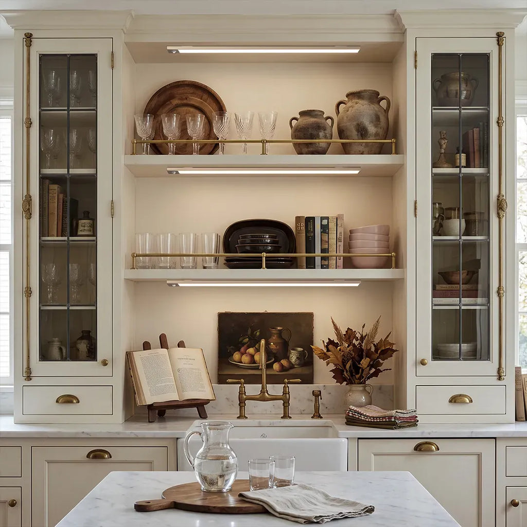 Warm LED lights glowing under shelves in a cream kitchen hutch