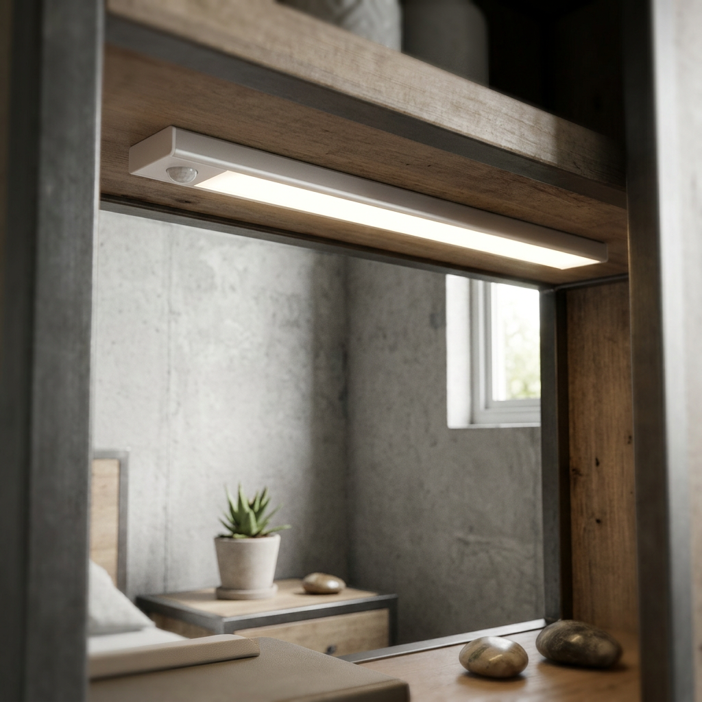 Wireless motion sensor light bar under a wooden bedroom shelf
