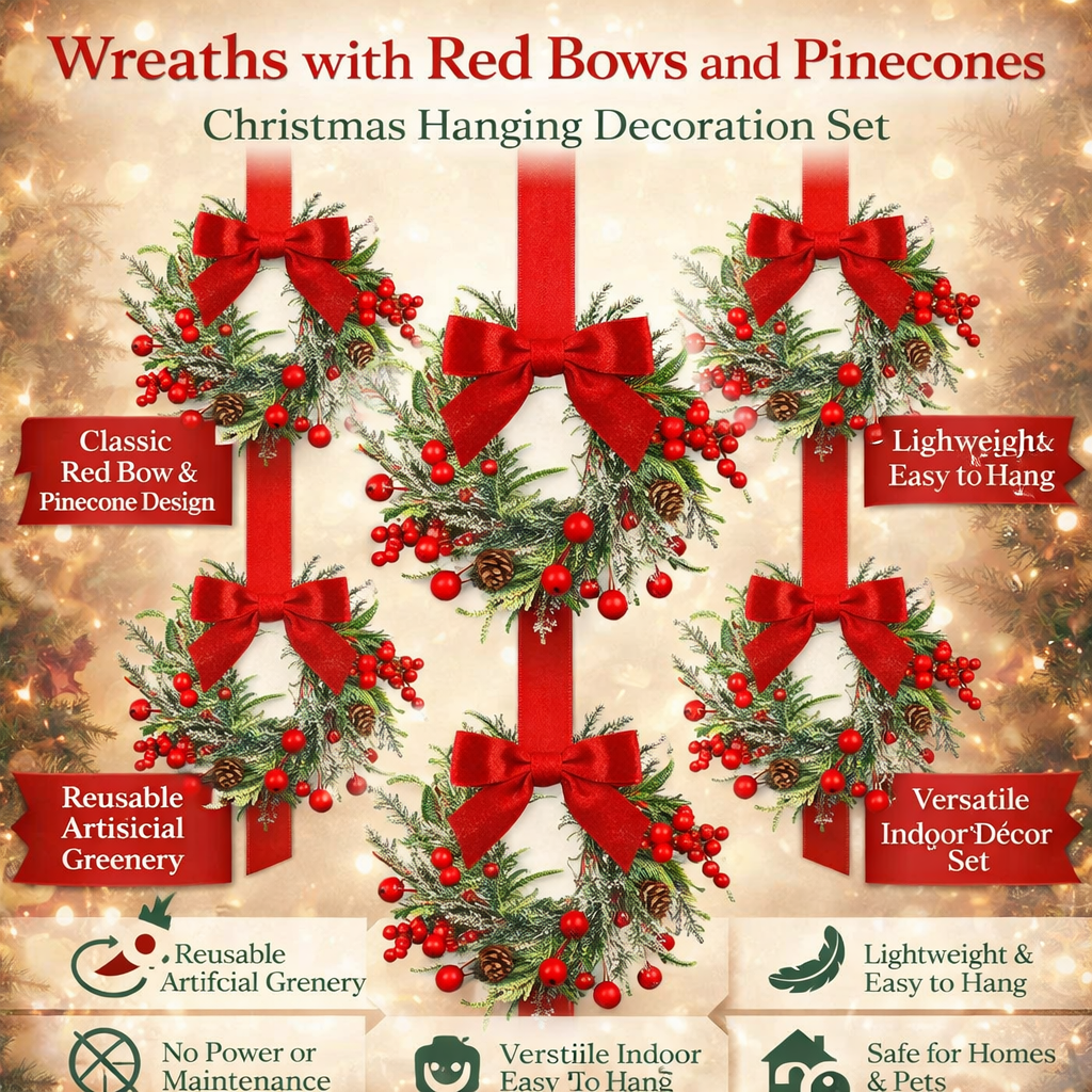 Set of 6 mini Christmas window wreaths with red bows