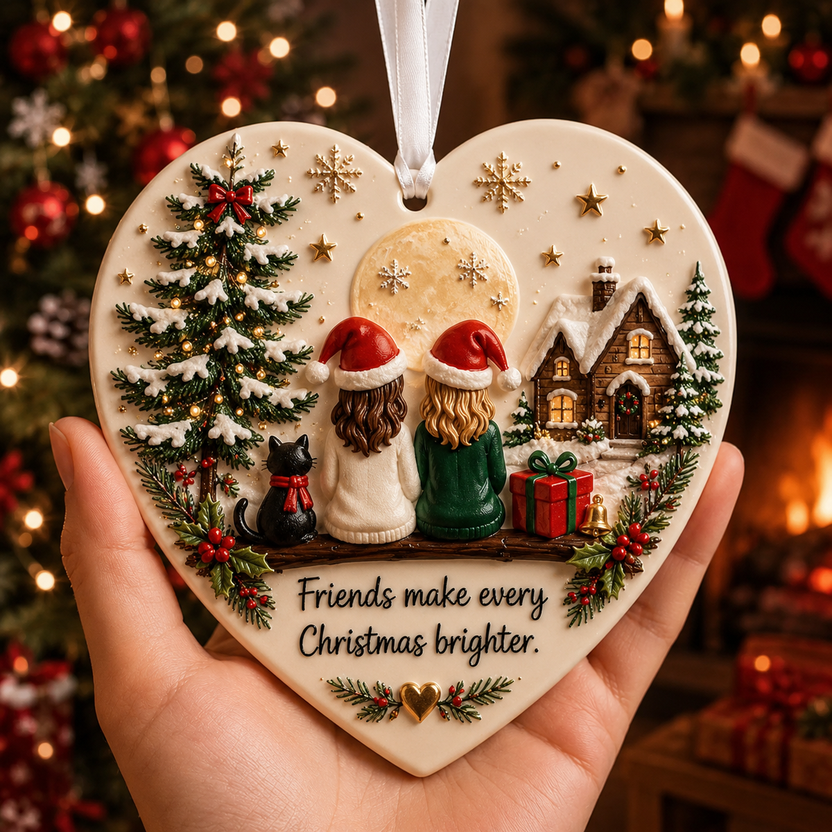 Heart-shaped keepsake ornament held in hand by a fireplace