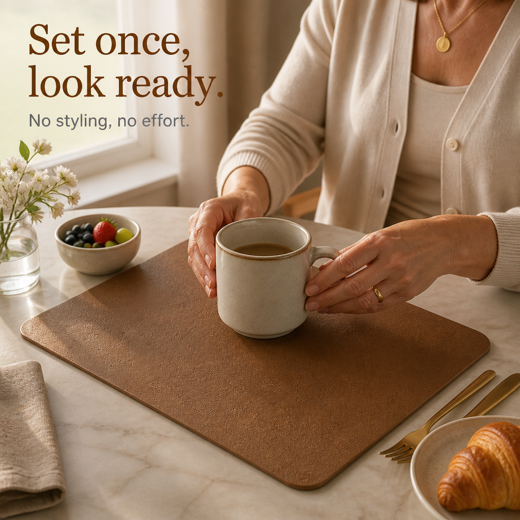 Faux leather placemat close-up showing soft grain texture