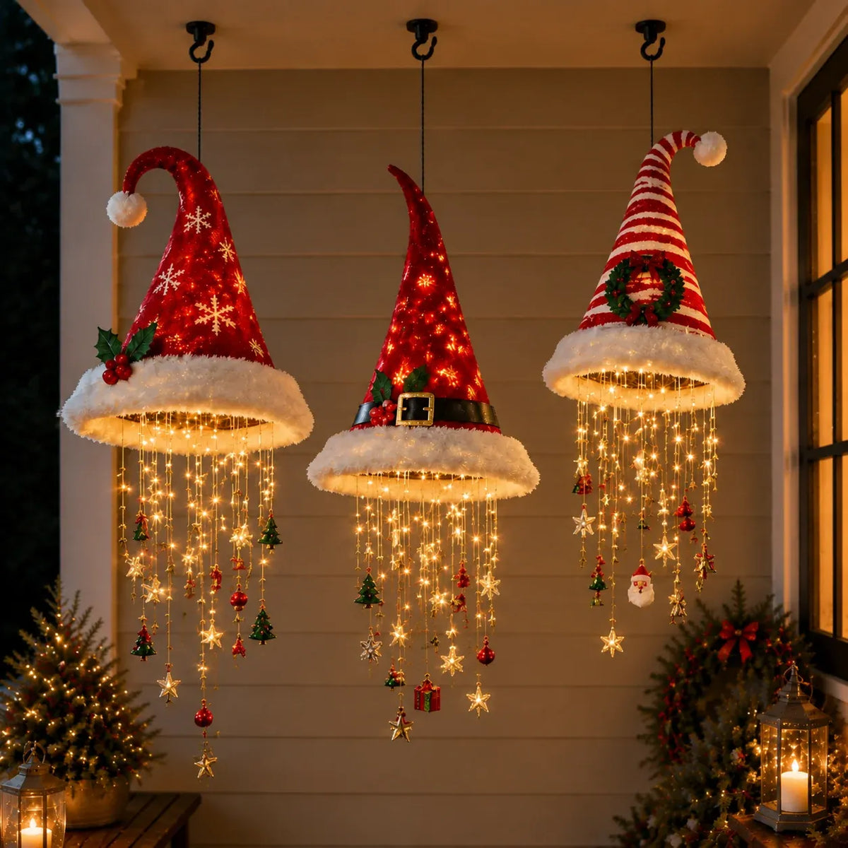 Three lighted Santa hat chandeliers hanging side by side